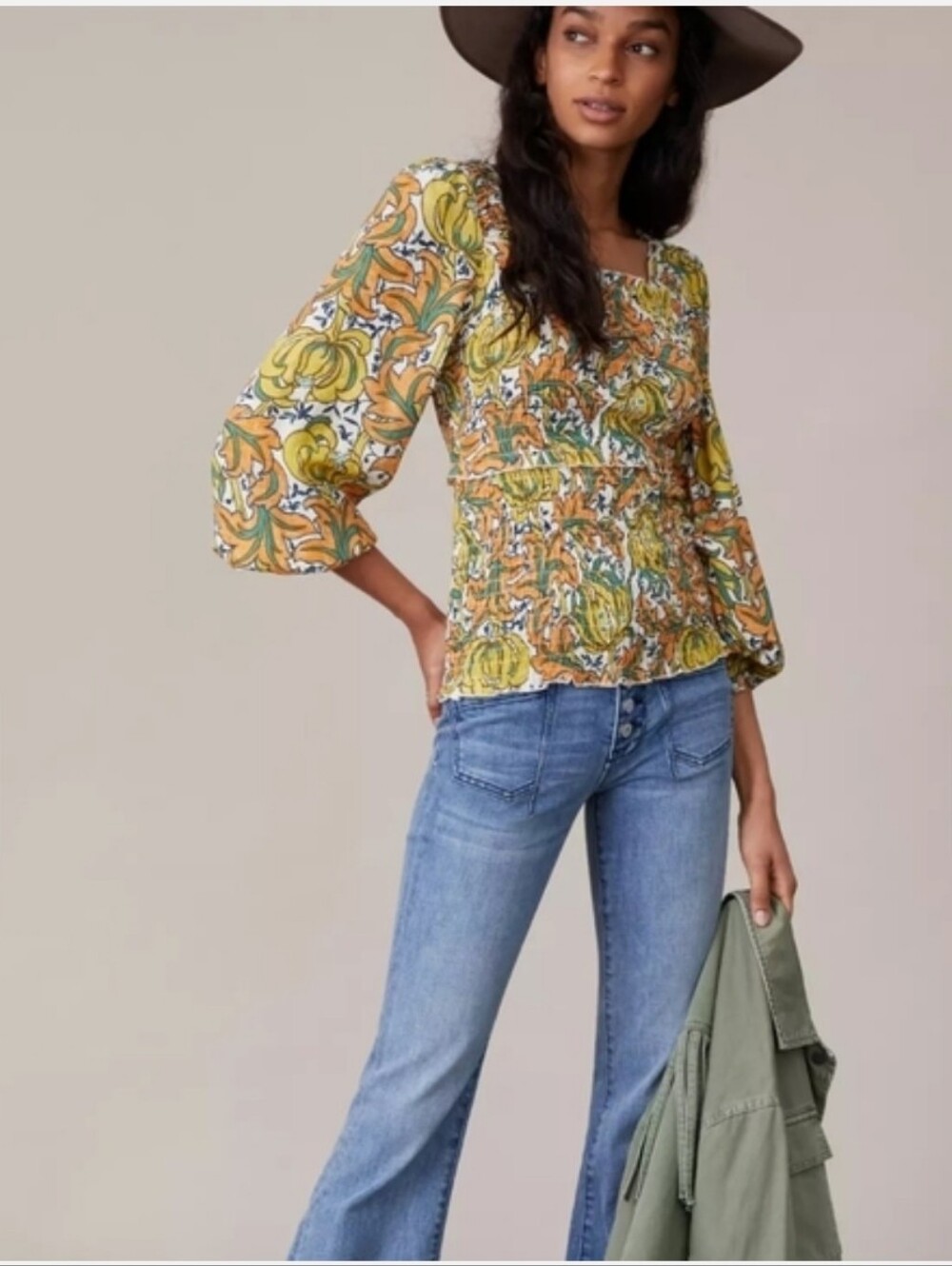New Anthropologie Rayna Smocked Bishop Puff Sleeve Square Neck Floral Blouse